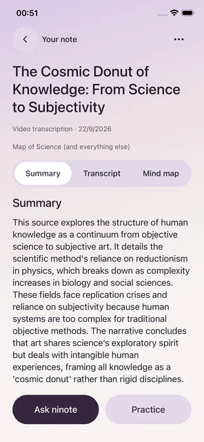 ninote turns a video transcript into a readable summary, with mind maps and practice tools